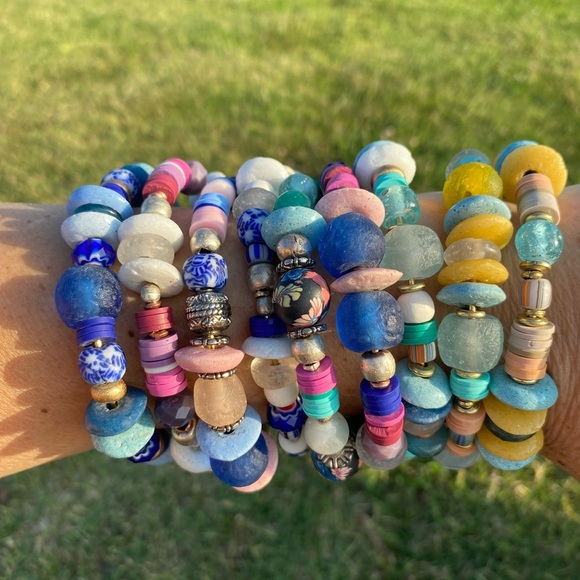 2 handmade beaded Adjustable & Stackable bracelets. Blues,silver, gold, … - Picture 1 of 14